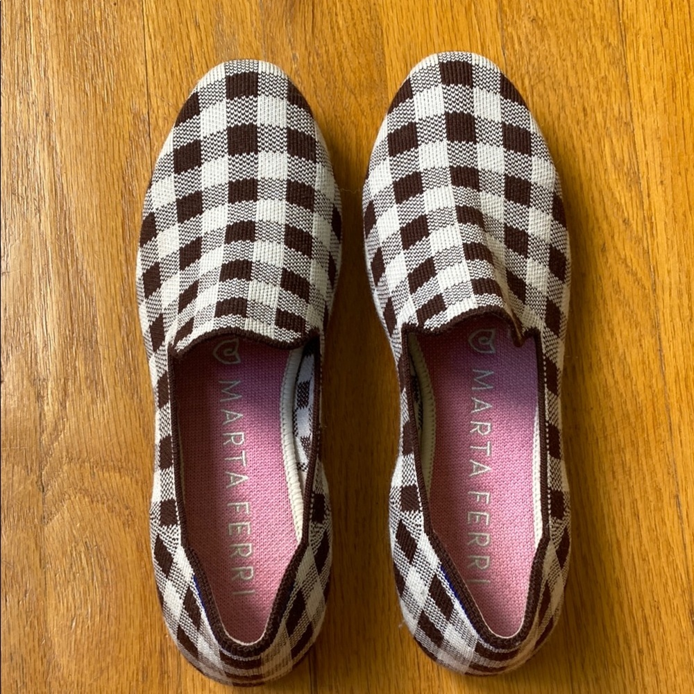 Rothy's Marta Ferri soft Merino Wool Chestnut & White checkered Flats Limited Ed
